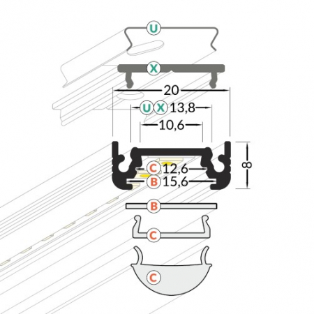 Profil LED aparent SURFACE 10, alb, lungime 2m, 20mm x 8mm + Dispersor Alb mat click [2]