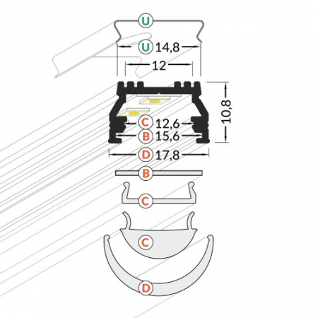 Profil LED aparent UNI 12, alb, lungime 2m, 17,8mm x 10,8mm + Dispersor alb mat click [2]