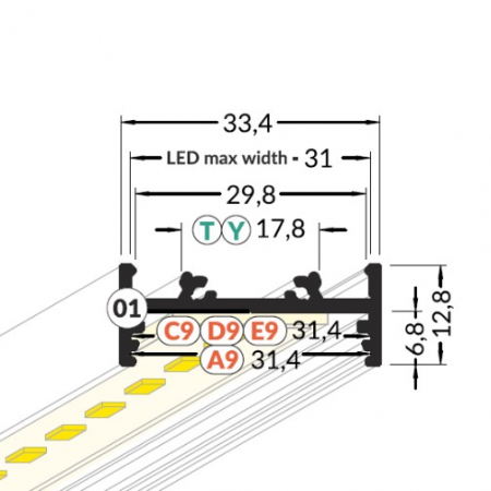 Profil LED aparent VARIO 30-01, negru, lungime 2m, 33,4mm x 12,8mm + Dispersor alb semirotund click [2]
