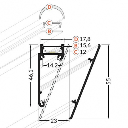 Profil LED aparent WALLE 12, Aluminiu anodizat, lungime 2m, 23mm x 55mm + Dispersor alb mat click [2]