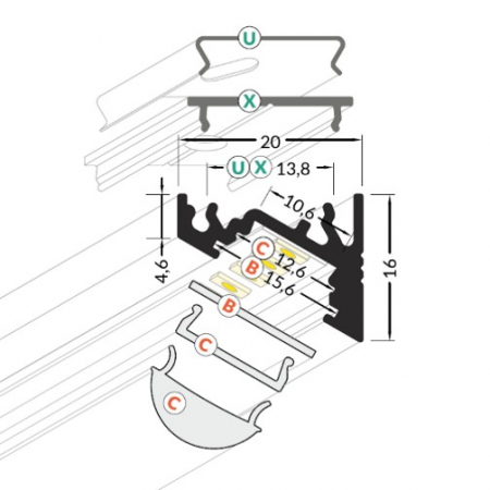Profil LED de colț CORNER 10, aluminiu neanodizat, lungime 2m, 20mm x 16mm + Dispersor alb mat click [2]
