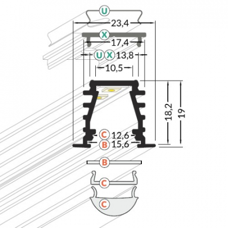 Profil LED încastrat DEEP 10, aluminiu anodizat, lungime 2m, 19mm x 23,4mm + Dispersor alb mat click [2]