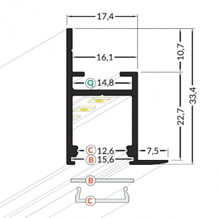 Profil LED încastrat FRAME 14, alb, lungime 2m, 33,4mm x 17,4mm + Dispersor alb mat click [2]