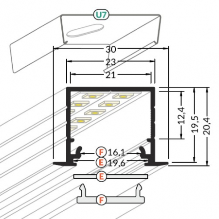 Profil LED încastrat LINEA IN 20, aluminiu neanodizat, lungime 2m, 30mm x 20,4mm + Dispersor alb mat click [2]