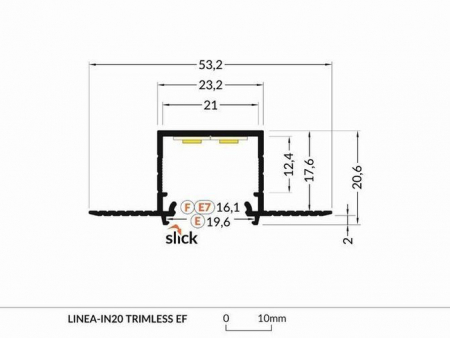 Profil LED încastrat LINEA-IN20 Trimless, aluminiu neanodizat, lungime 2m, 53,2mm x 20,6mm + Dispersor alb mat click [1]