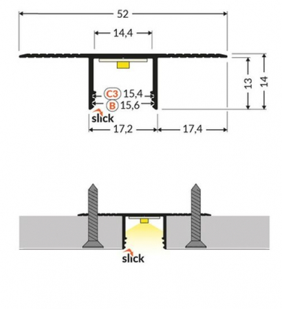 Profil LED încastrat PLANE14 IN, alb, lungime 2m, 52mm x 14mm + Dispersor alb mat click [3]