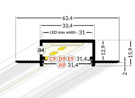 Profil LED încastrat VARIO 30-04, aluminiu anodizat, lungime 2m, 15,9mm x 63,4mm + Dispersor alb mat click [2]