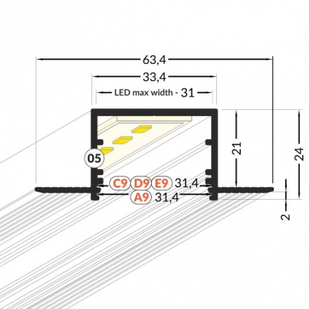 Profil LED încastrat VARIO 30-05, aluminiu neanodizat, lungime 2m, 24mm x 63,4mm + Dispersor alb mat click [2]