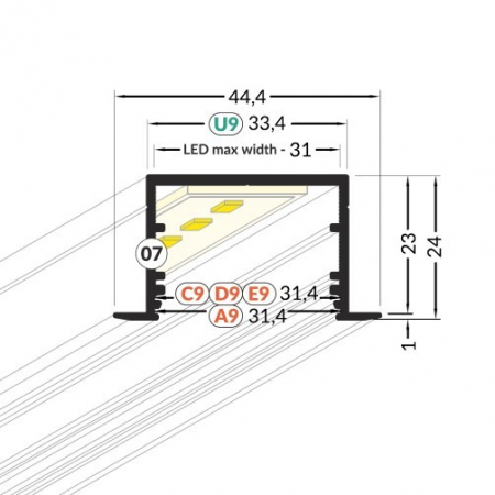 Profil LED încastrat VARIO 30-07, alb, lungime 2m, 44,4mm x 24mm  +Dispersor alb mat click [2]