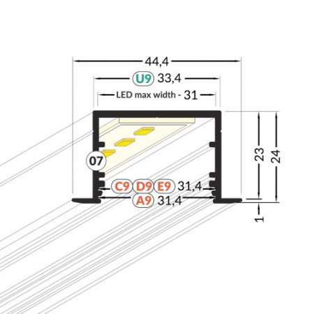 Profil LED încastrat VARIO 30-07, negru, lungime 2m, 44,4mm x 24mm + Dispersor alb mat click [2]
