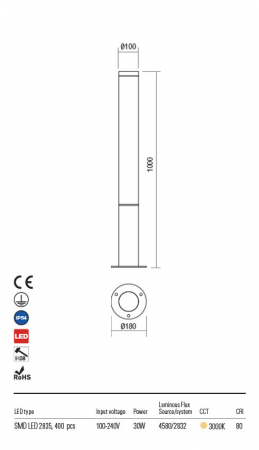 R90277 Stalpisor REDO HINT LED 30W 2832lm 3000K IP54 Aluminiu turnat DARK GREY CRI 80 [1]
