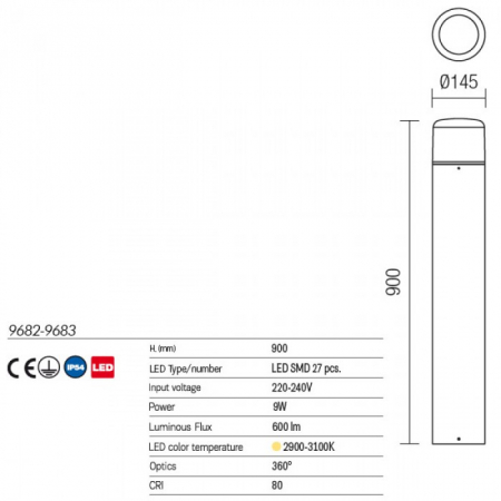 Stalp exterior REDO Cyclo 9682 LED 9W 600lm 2900-3100K CRI 80 Aluminiu Gri Inchis IP54 [3]