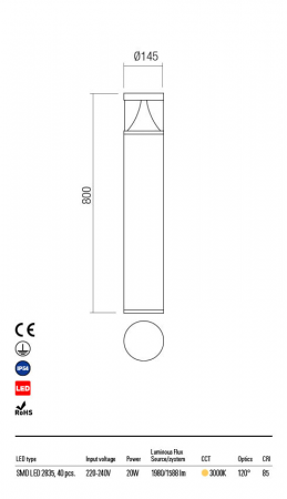 Stalp Exterior Redo PALACE 90161 LED 20W h800 Ø145 1588lm 3000K IP54 Nedimabil Gri Inchis [1]