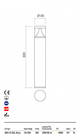 Stalp Exterior Redo PALACE 90164 LED 20W h800 Ø145 1667lm 4000K IP54 Nedimabil Maro Inchis [1]