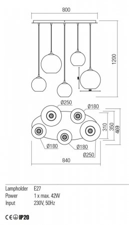 Suspensie Redo BOWL 01-2079 E27 5x42W h1200 Ø180/250 IP20 Nedimabil Crom/Fume [1]
