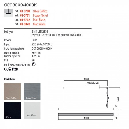 Suspensie Redo Cityline, negru mat, touchless, LED CCT, 35W, 1728 lumeni, 3000K/4000K, L.150 cm, 01-3702 [1]