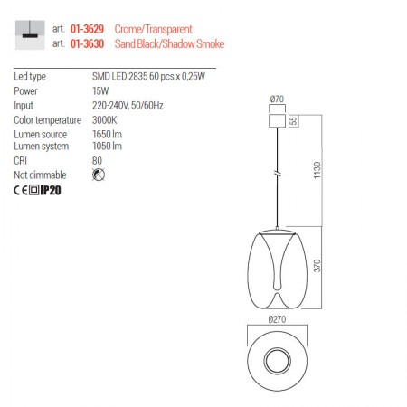 Suspensie Redo Drop, negru, LED, 15W, 1050 lumeni, alb cald 3000K, D.27 cm, 01-3630 [1]