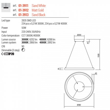 Suspensie Redo Iconic, negru mat, LED CCT, 50W, 2895 lumeni, 3000K/4000K, D.58 cm, 01-3913 [1]