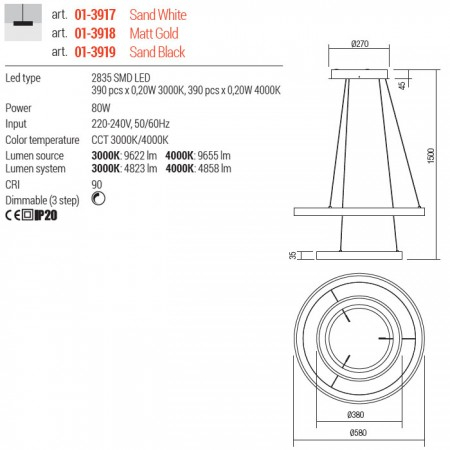 Suspensie Redo Iconic, auriu mat, LED CCT, 80W, 4858 lumeni, 3000K/4000K, D.58 cm, 01-3918 [1]