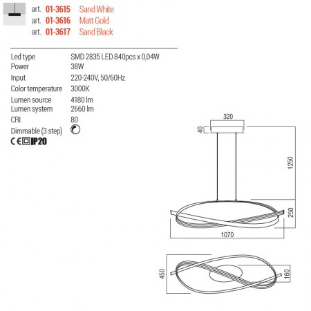 Suspensie Redo Impuls, alb mat, LED, 38W, 2660 lumeni, alb cald 3000K, D.107 cm, 01-3615 [1]