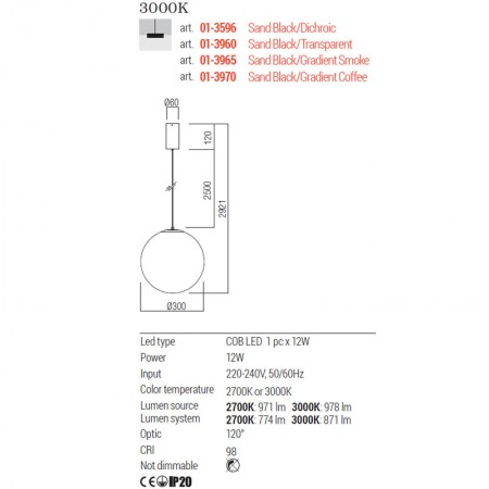 Suspensie Redo Irides, sticla multicolora, LED, 12W, 871 lumeni, alb cald 3000K, D.30 cm, 01-3596 [1]