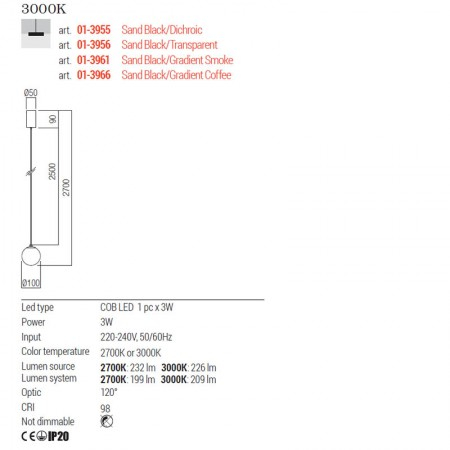 Suspensie Redo Irides, fumuriu degrade, LED, 3W, 209 lumeni, alb cald 3000K, D.10 cm, 01-3961 [1]