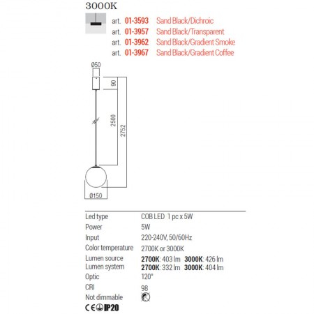 Suspensie Redo Irides, cafeniu degrade, LED, 5W, 404 lumeni, alb cald 3000K, D.15 cm, 01-3967 [1]