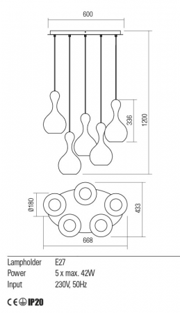 Suspensie Redo LOB 01-2262 E27 5x42W h1200 Ø180 IP20 Nedimabil Crom/Fume [1]