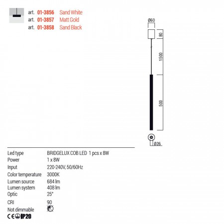 Suspensie Redo Nikos, alb mat, LED, 8W, 408 lumeni, alb cald 3000K, H.50 cm, 01-3856 [1]