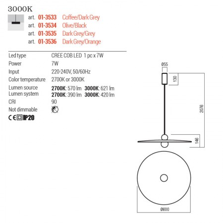 Suspensie Redo Nuwa, fonoabsorbant gri/cafeniu, LED, 7W, 420 lumeni, alb cald 3000K, D.60 cm, 01-3533 [1]