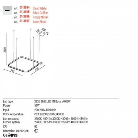 Suspensie Redo Orion, alb mat, LED CCT, 58W, 3784 lumeni, 2700K/3000K/4000K, L.75 cm, 01-3894 [1]