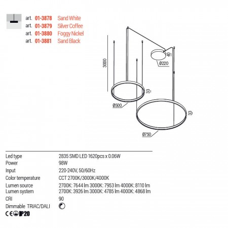 Suspensie Redo Orion Round, negru mat, LED CCT, 96W, 6148 lumeni, 2700K/3000K/4000K, D.75+50 cm, 01-3881 [1]