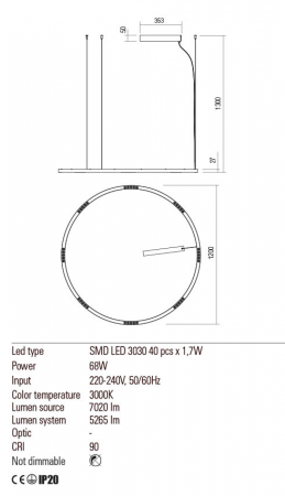 Suspensie REDO Union 01-2209 LED 68W h1300 Ø1200 5265lm 3000K IP20 Nedimabil Auriu Mat [1]