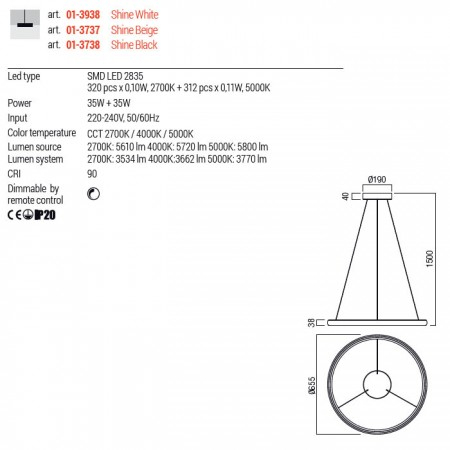 Suspensie Redo Vance, alb, telecomanda, LED CCT, 70W, 5800 lumeni, 2700K/4000K/5000K, D.65 cm, 01-3938 [1]