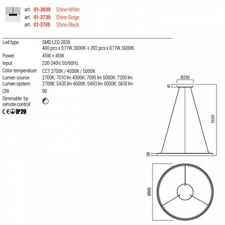 Suspensie Redo Vance, negru, telecomanda, LED CCT, 90W, 7200 lumeni, 2700K/4000K/5000K, D.80 cm, 01-3740 [1]