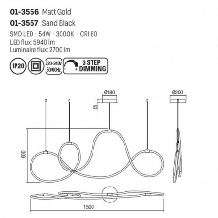 Suspensie Smarter Henk, negru mat, LED, 54W, 2700 lumeni, alb cald 3000K, L.150 cm, 01-3557 [1]