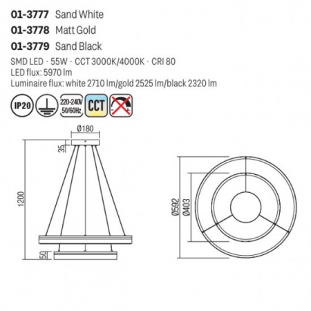 Suspensie Smarter Valdis, negru mat, LED CCT, 55W, 2710 lumeni, 3000K/4000K, D.59 cm, 01-3779 [1]