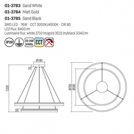 Suspensie Smarter Valdis, negru mat, LED CCT, 76W, 3710 lumeni, 3000K/4000K, D.79 cm, 01-3785 [1]