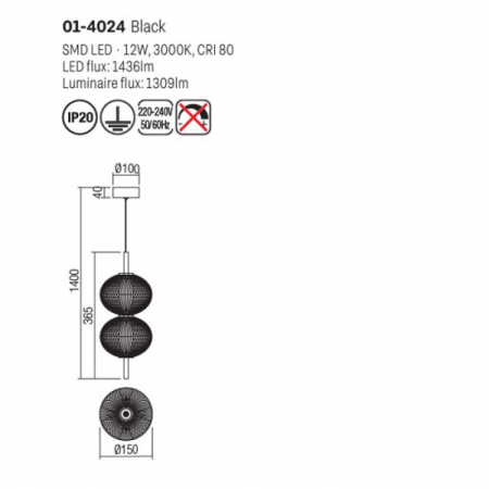 Pendul Smarter Ventura, negru mat, LED, 12W, 1309 lumeni, alb cald 3000K, H.36 cm, 01-4024 [1]