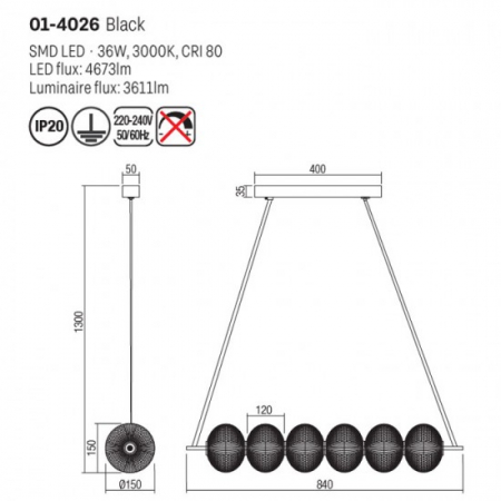 Suspensie Smarter Ventura, negru mat, LED, 36W, 3611 lumeni, alb cald 3000K, L.84 cm, 01-4026 [2]