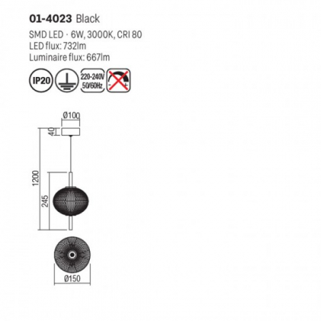 Pendul Smarter Ventura, negru mat, LED, 6W, 667 lumeni, alb cald 3000K, H.25 cm, 01-4023 [1]