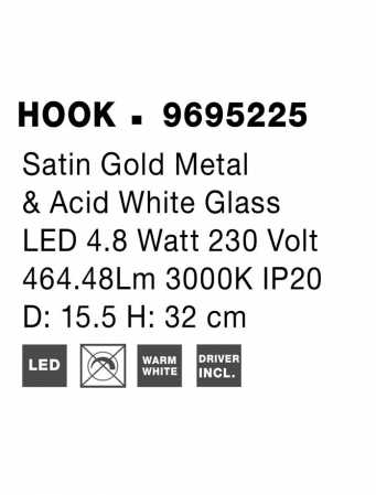 Veioza Nova Luce HOOK LED 4,8W 464lm 3000K Satin Gold Metal & Acid White Glass IP20 [9]