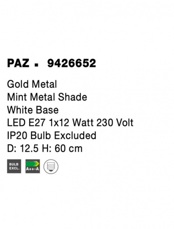 Veioza Nova Luce PAZ E27 1x12W   Gold Metal Mint Metal Shade White Base  IP20 [7]