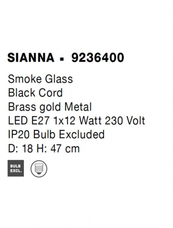 Veioza Nova Luce SIANNA E27 4x12W   Smoke Glass & Black Cord & Brass gold Metal IP20 [6]