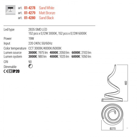 Veioza Redo Scroll, alb mat, LED, 19W, 1050 lumeni, 3000K/4000K/6000K, H. 46 cm, 01-4278 [1]