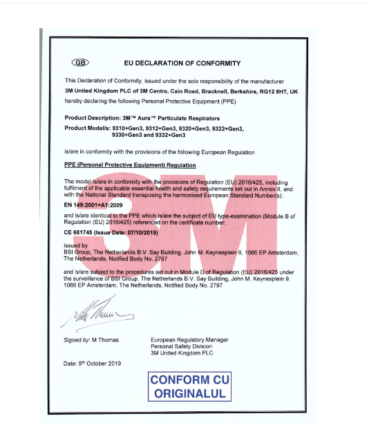 SET 10 BUC Masca de protectie respiratorie FFP2, 3M 9322+ Aura, cu valva / supapa [3]