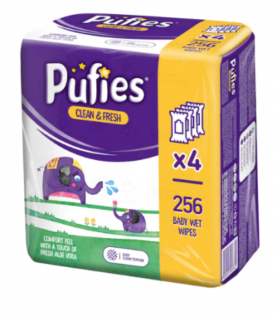 Igiena Bebelusi - 4 Pachete x 64 Buc  Servetele umede Pufies Clean&Fresh cu Aloe Vera - 256 buc