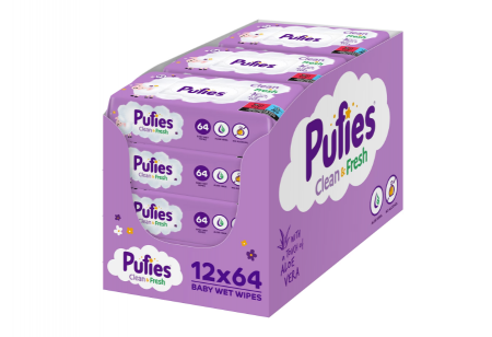 Igiena Bebelusi - 12 Pachete x 64 Buc  Servetele umede Pufies Clean&Fresh cu Aloe Vera - 768 BUC