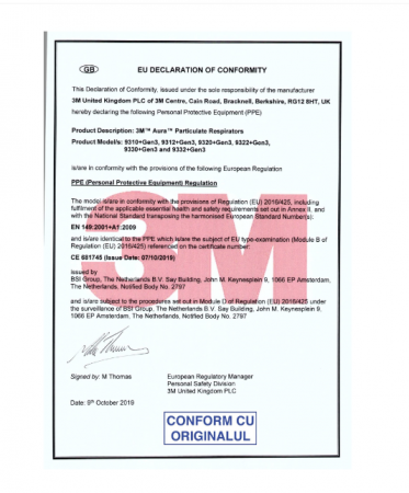 SET 10 BUC Masca de protectie respiratorie FFP2, 3M 9322+ Aura, cu valva / supapa [2]