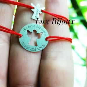 Bijuterii personalizate - Set bratari cu ingeras din argint pentru mama si fiu cu șnur roșu "Mother's Love"